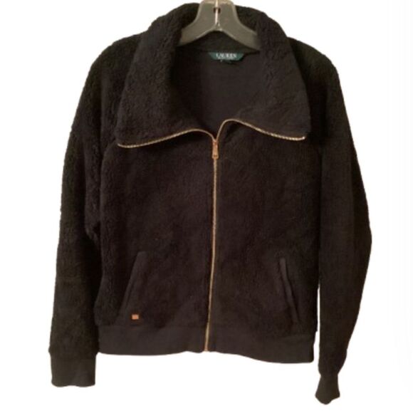 LAUREN RALPH LAUREN SIZE MEDIUM BLACK FULL ZIP SHERPA JACKET - Picture 1 of 9
